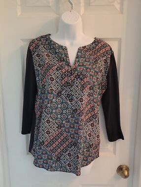 Van Heusen Teal, Cream & Blue Patterned Split-Neck Top